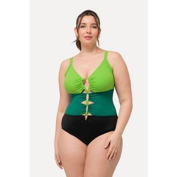 Maillot de bain esprit colour block, bonnets souples. Matière recyclée et découpes.