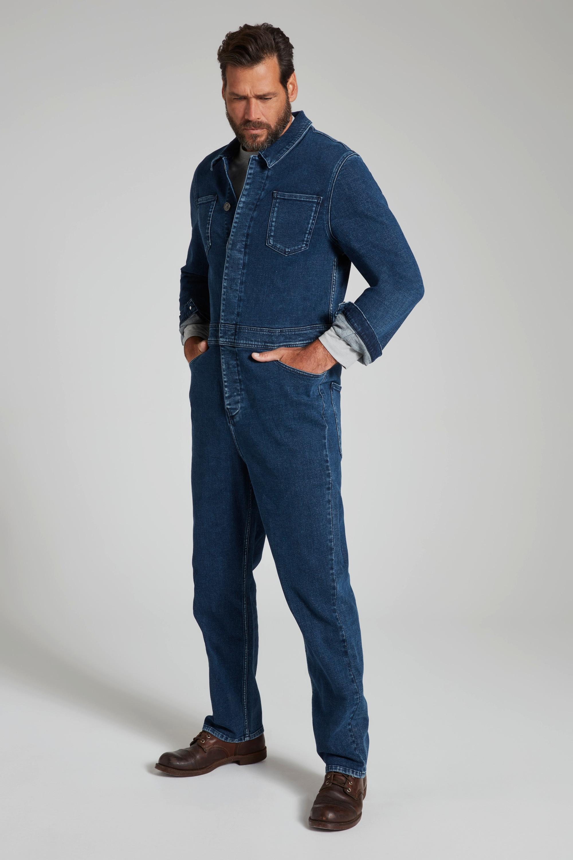 JP1880  Tuta di denim con taschini sul petto e maniche lunghe 