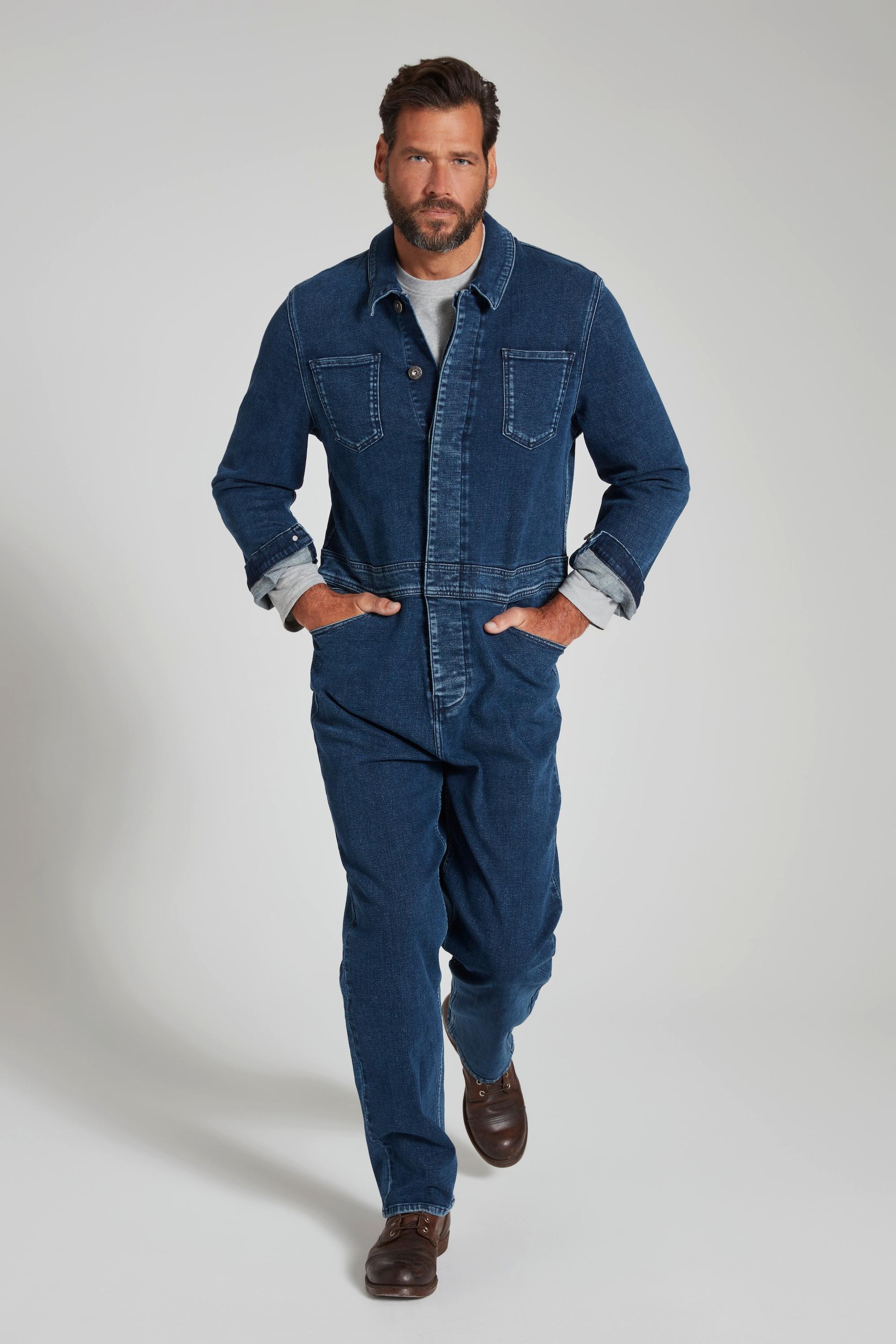 JP1880  Tuta di denim con taschini sul petto e maniche lunghe 