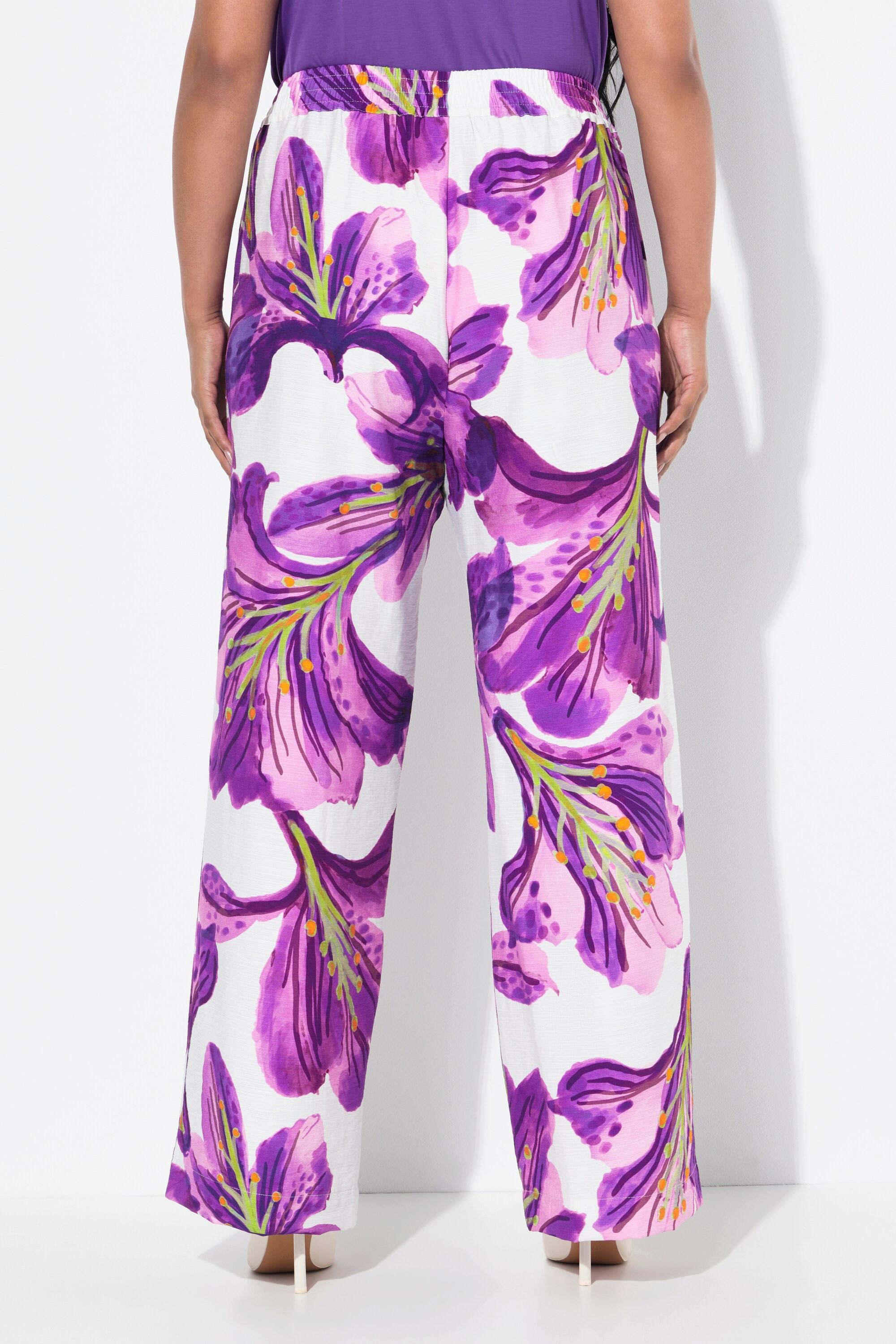 Ulla Popken Pantalon Fleurs Jambe Large Taille Élastique  