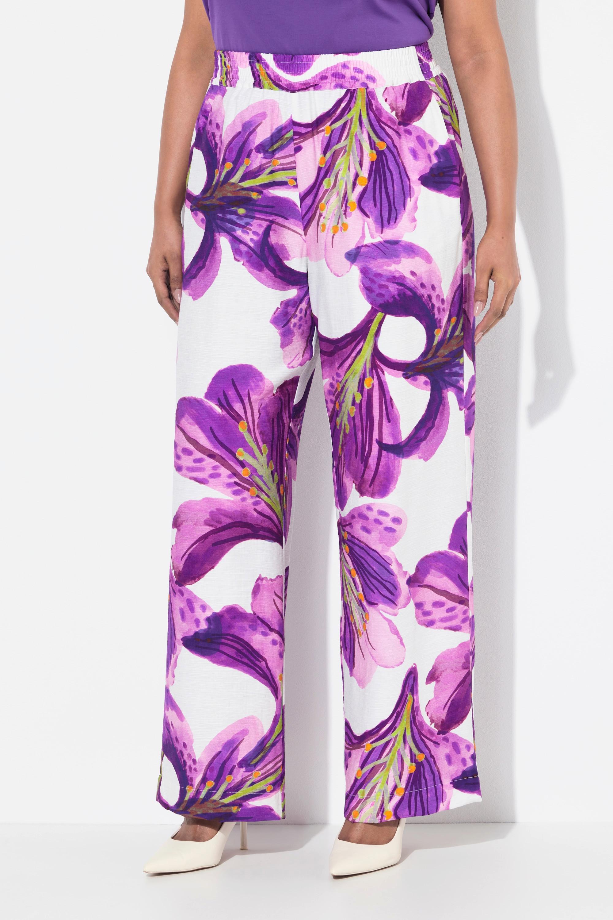 Ulla Popken Pantalon Fleurs Jambe Large Taille Élastique  