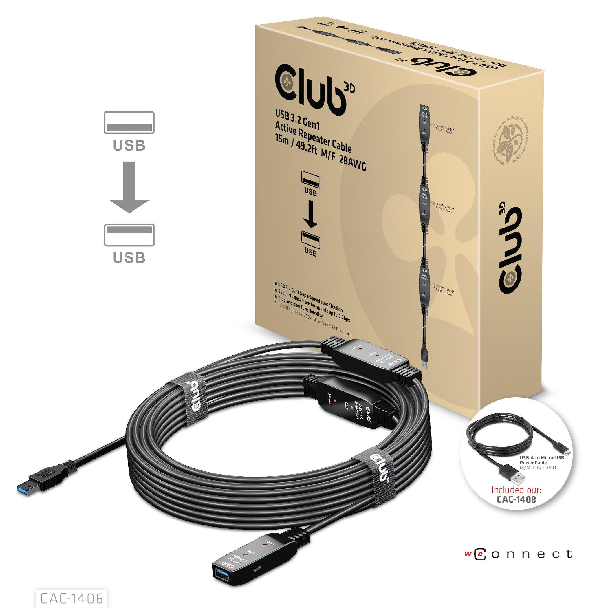 Club3D  CAC-1406 câble USB 15 m USB 3.2 Gen 1 (3.1 Gen 1) USB A Noir 