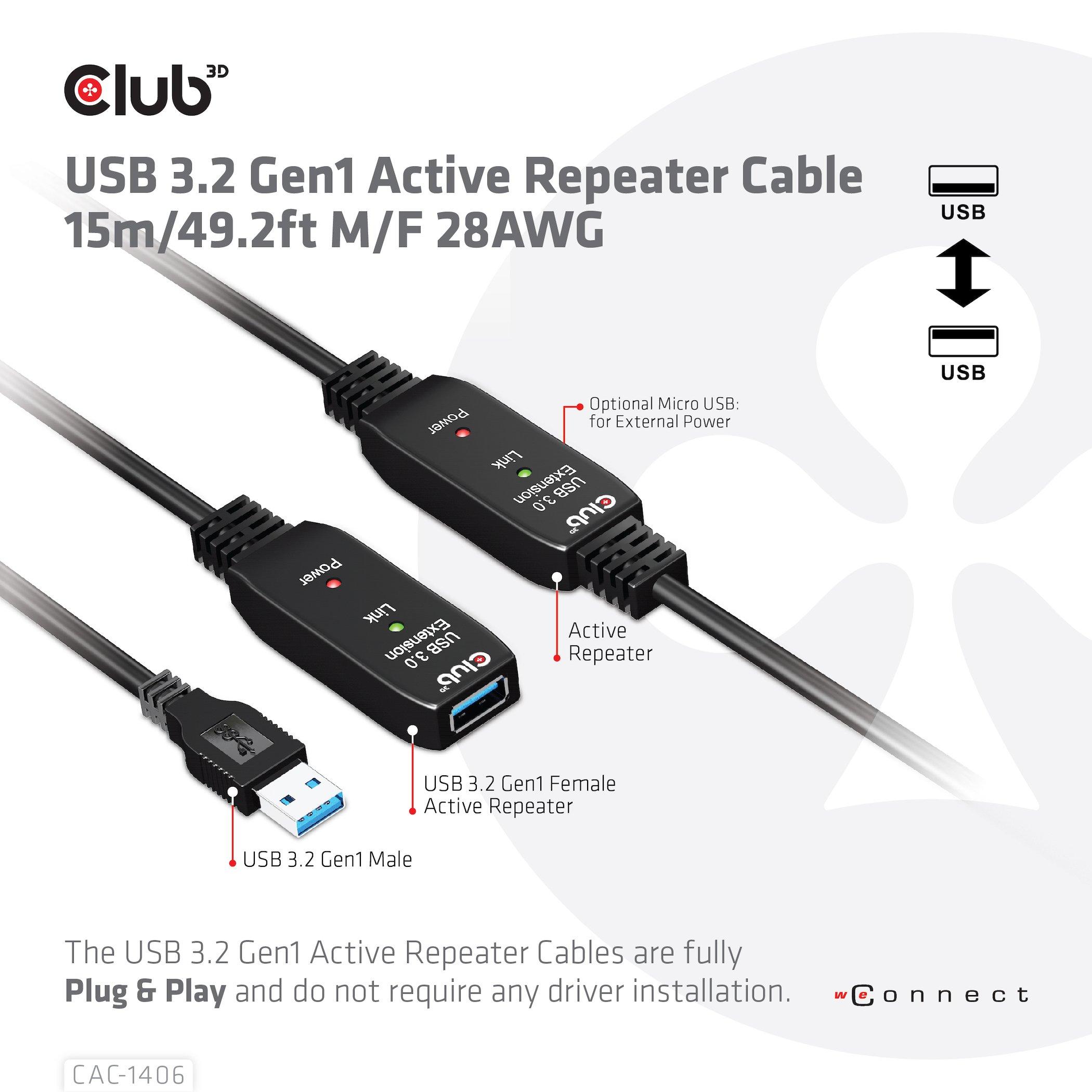 Club3D  CAC-1406 câble USB 15 m USB 3.2 Gen 1 (3.1 Gen 1) USB A Noir 