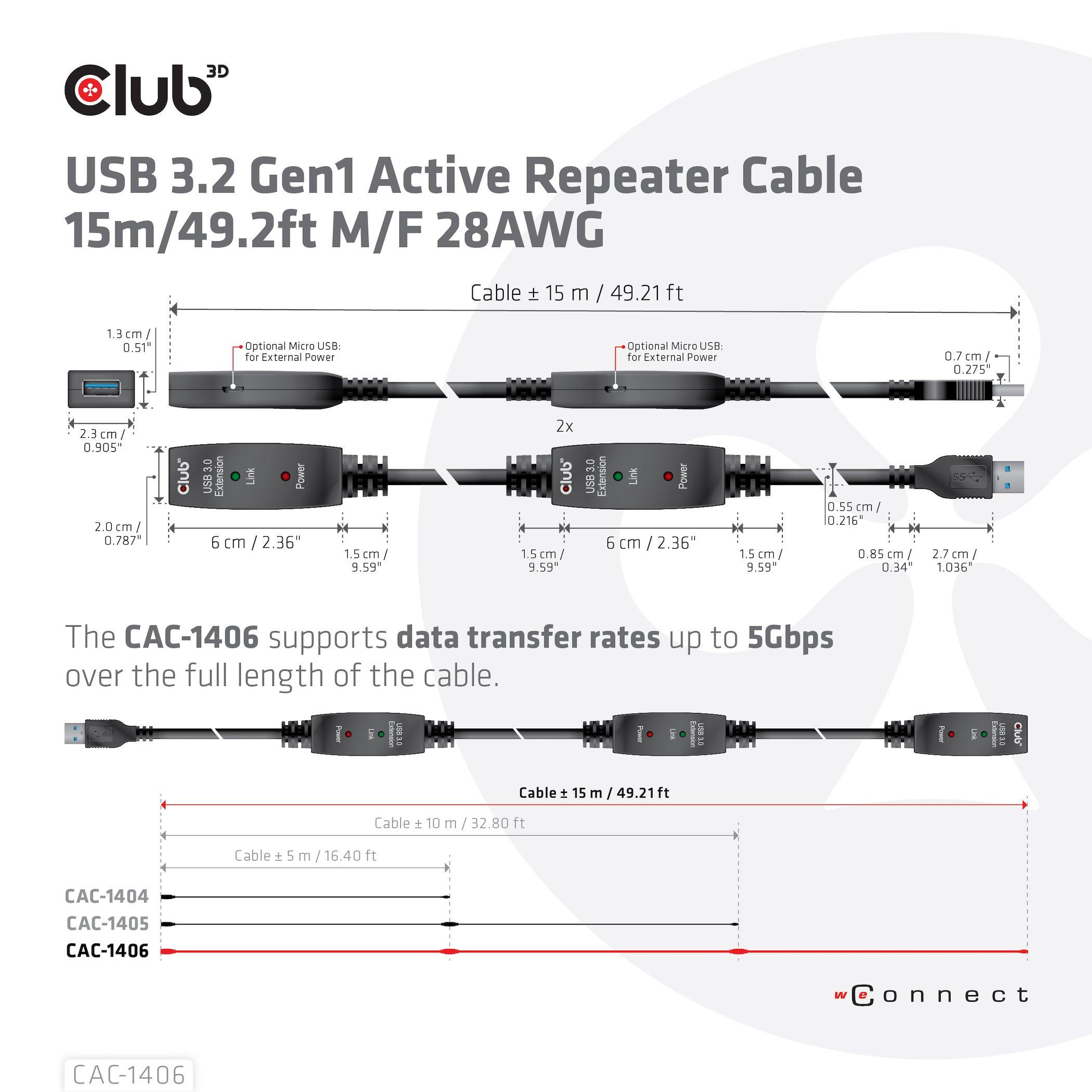 Club3D  CAC-1406 câble USB 15 m USB 3.2 Gen 1 (3.1 Gen 1) USB A Noir 