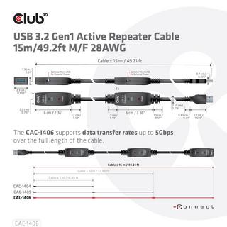 Club3D  CAC-1406 câble USB 15 m USB 3.2 Gen 1 (3.1 Gen 1) USB A Noir 