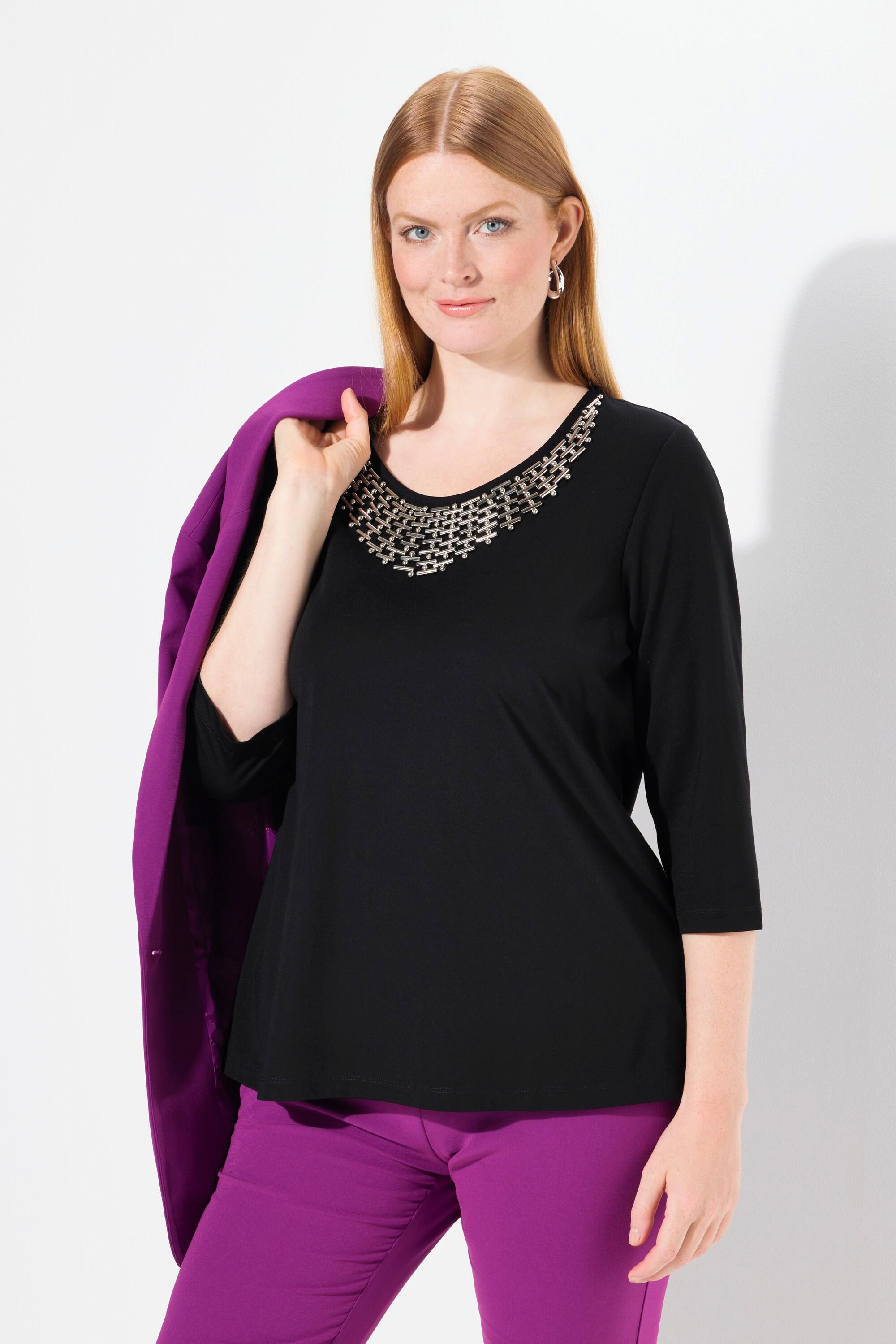 Ulla Popken  Shirt, Collier-Verzierung, Classic, Rundhals, 3/4-Arm 