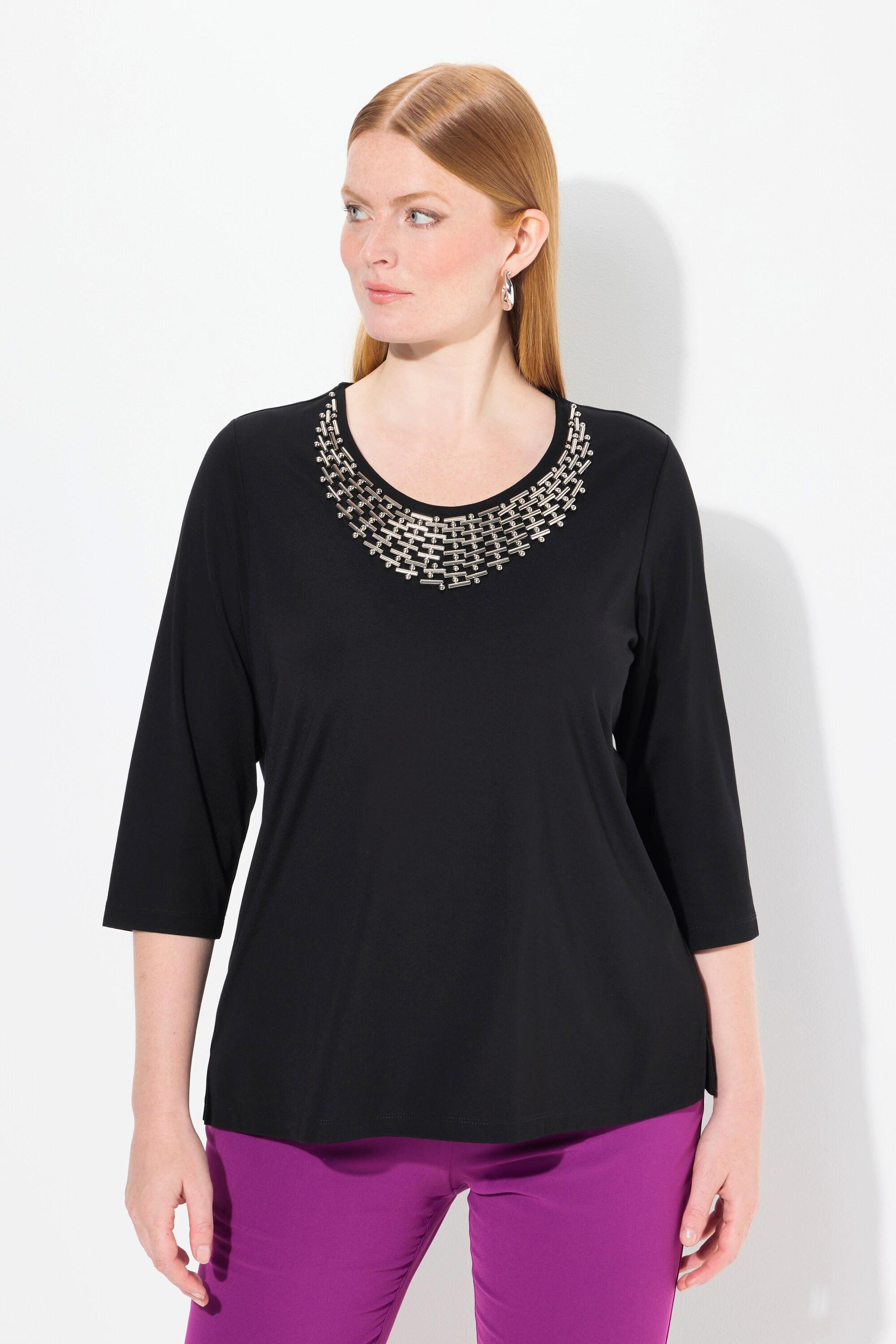 Ulla Popken  Shirt, Collier-Verzierung, Classic, Rundhals, 3/4-Arm 