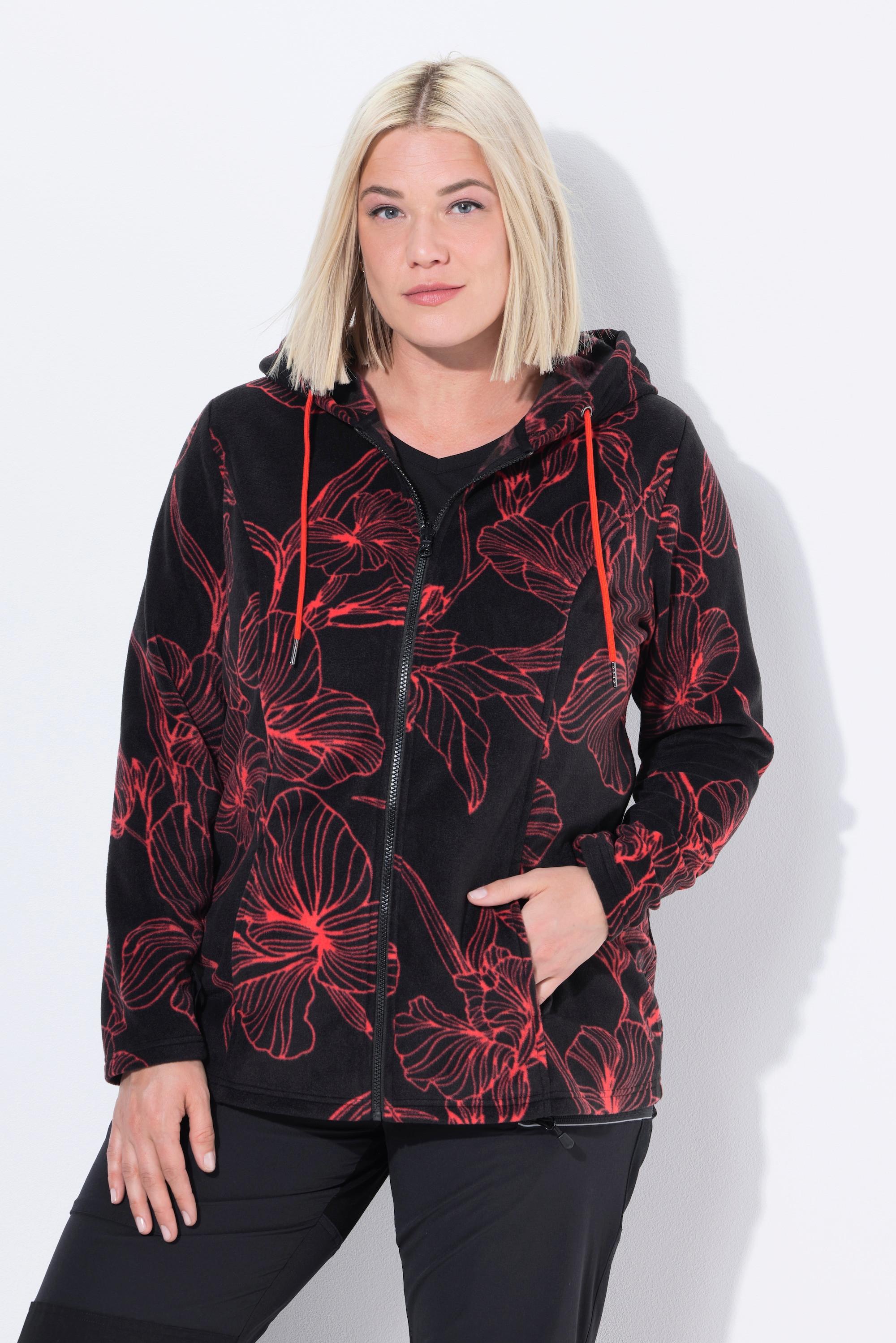 Ulla Popken Giacca in Pile Fantasia Floreale Cappuccio Maniche Lunghe  