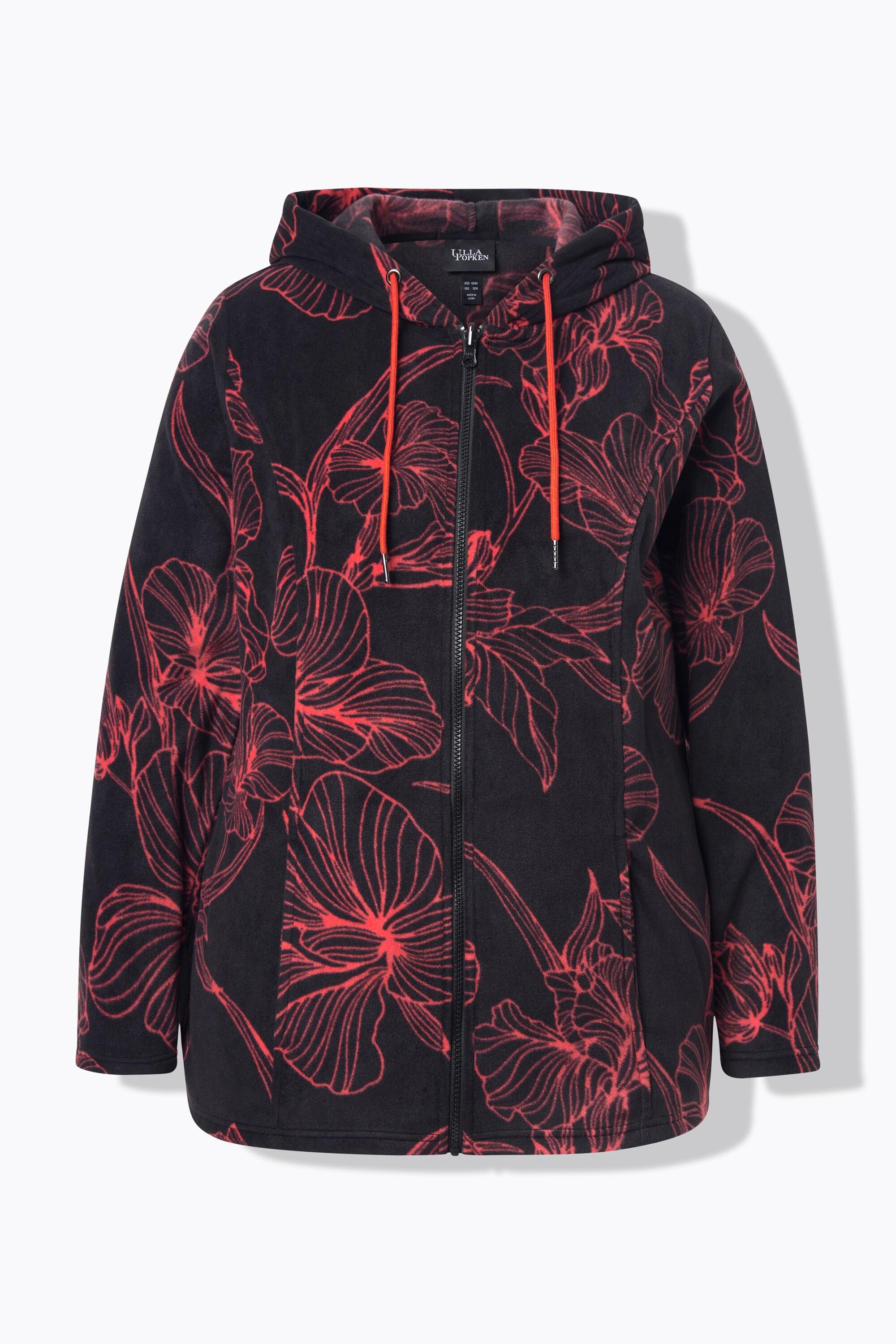 Ulla Popken Giacca in Pile Fantasia Floreale Cappuccio Maniche Lunghe  