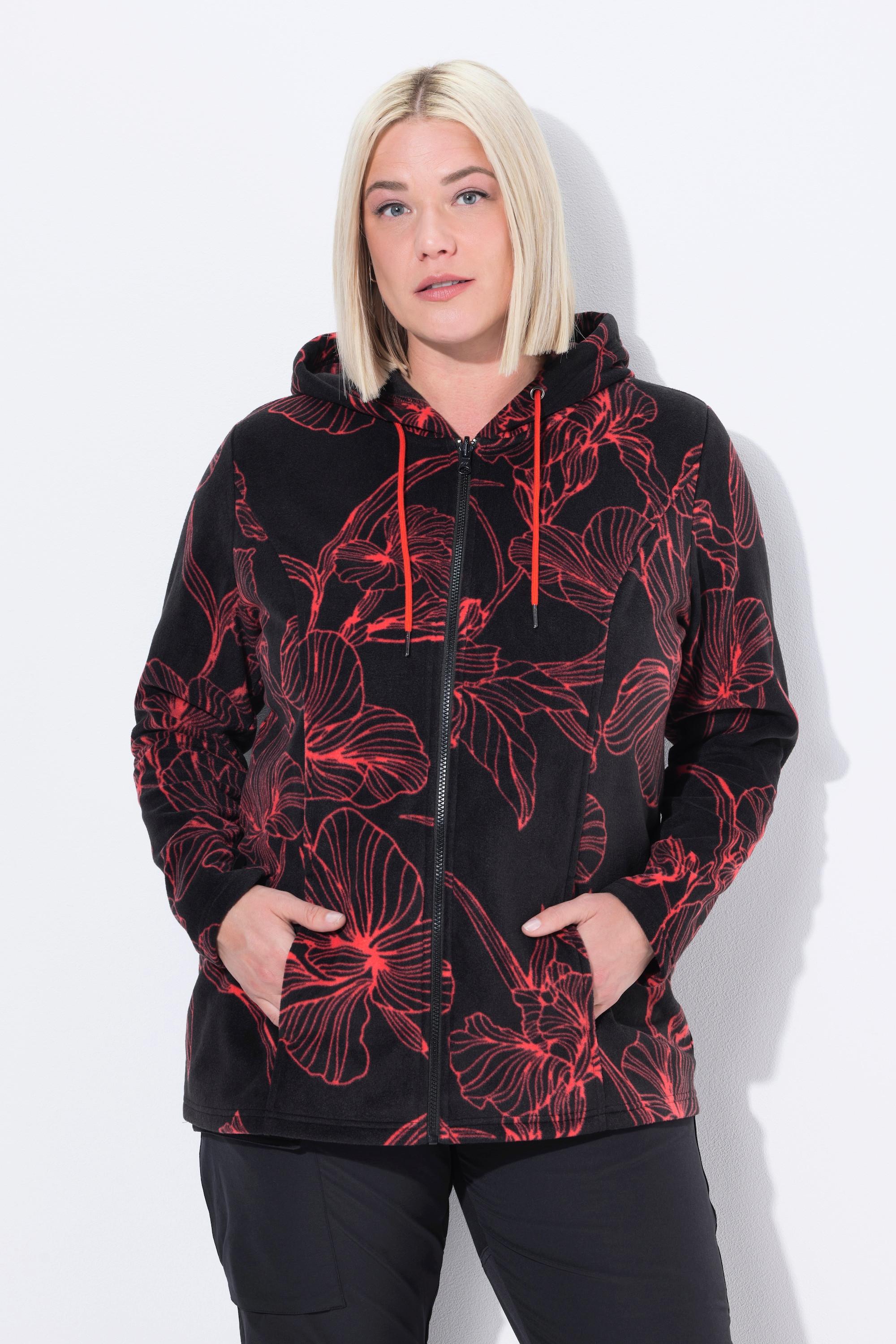 Ulla Popken Giacca in Pile Fantasia Floreale Cappuccio Maniche Lunghe  