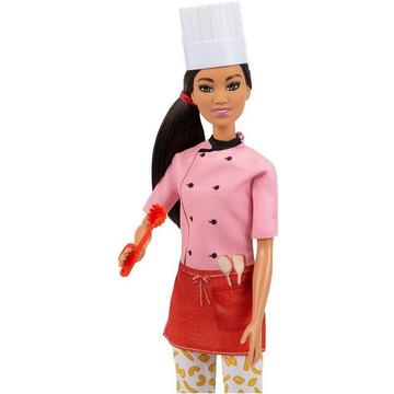 Barbie GTW38 Pastaköchin-Puppe (ca. 30 cm) mit buntem Oberteil, Hose mit Nudel-Aufdruck, Kochmütze, Topf und Pasta-Schneider, Spielzeug Geschenk für Kinder ab 3 Jahren