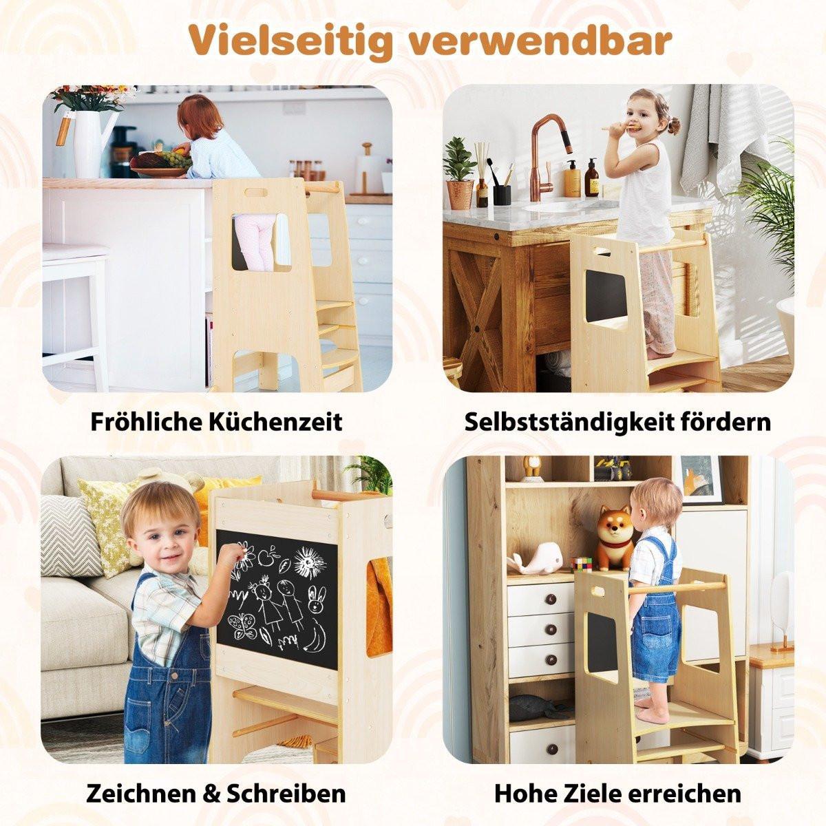 Northix  Tour d'apprentissage 2 en 1 pour aide de cuisine avec 3 hauteurs réglables et escabeau en tableau noir, chaise d'apprentissage naturelle 