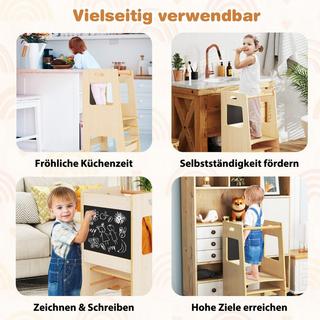 Northix  Tour d'apprentissage 2 en 1 pour aide de cuisine avec 3 hauteurs réglables et escabeau en tableau noir, chaise d'apprentissage naturelle 