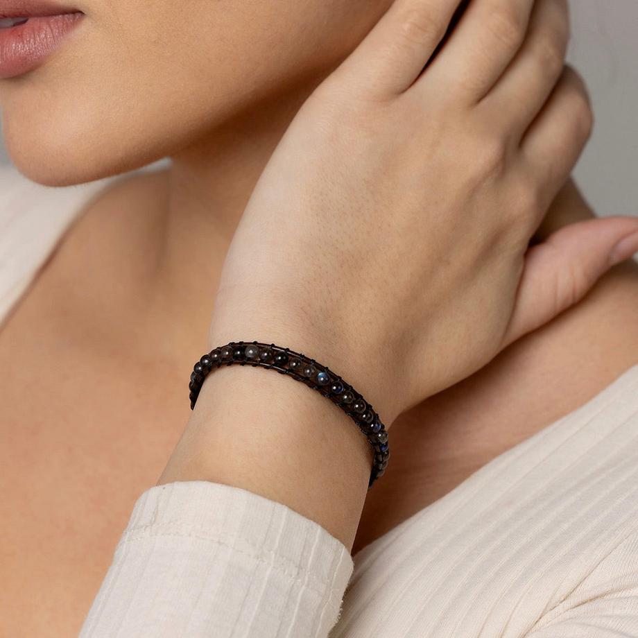 Balibay  Bracelet en cuir Ceylin avec pierres de labradorite de 4 mm 