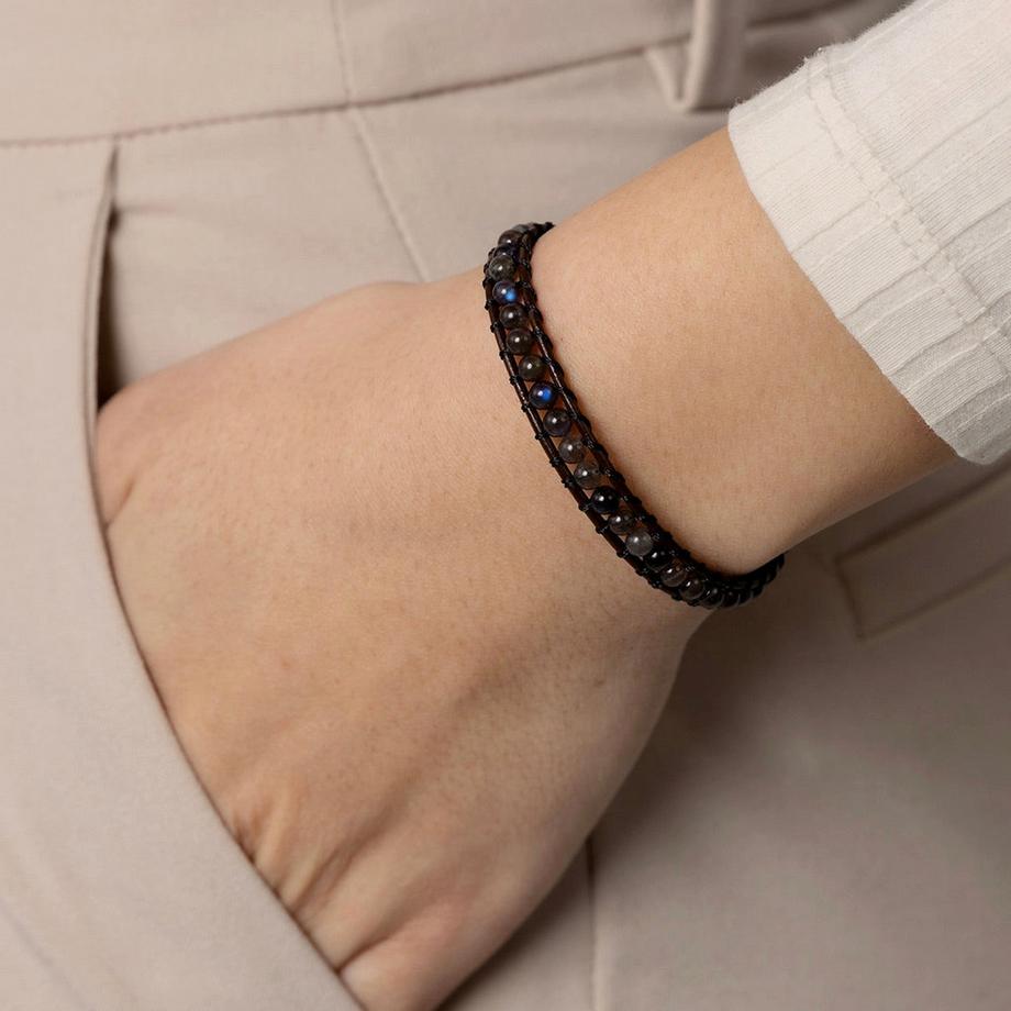 Balibay  Bracelet en cuir Ceylin avec pierres de labradorite de 4 mm 