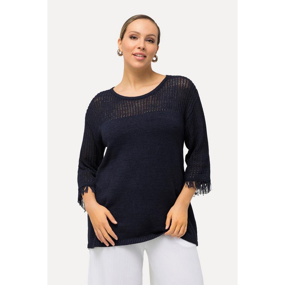 Ulla Popken Pull Motif Ajoure Col Rond Franges Manches 3/4  