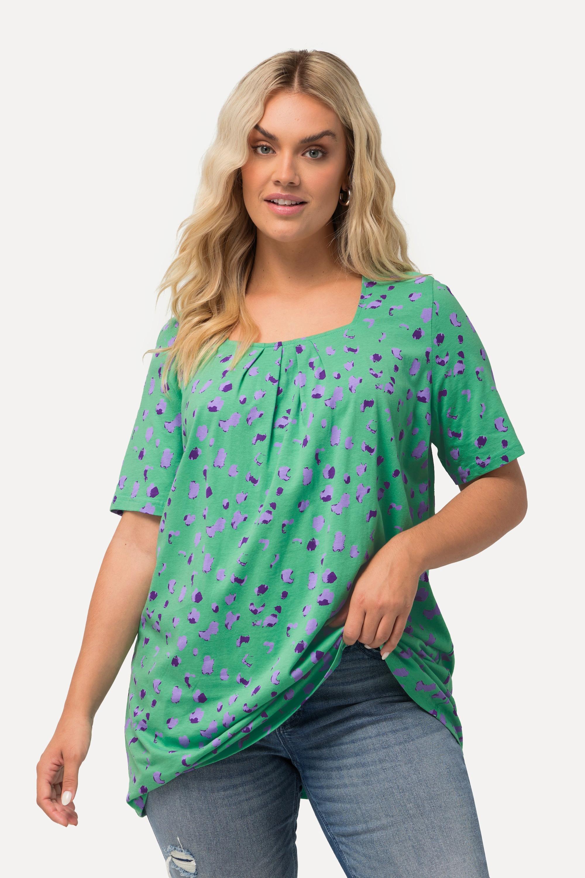 Ulla Popken  T-shirt long, motifs à pois, encolure carrée, manches courtes 