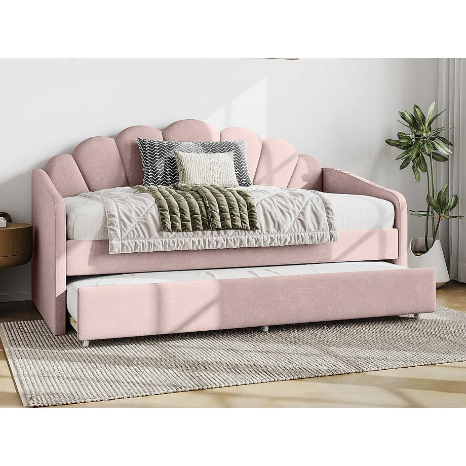 Vente-unique Lit gigogne coquillage 2 x 90 x 190 cm - Velours - Rose + Matelas - ELUSIA  