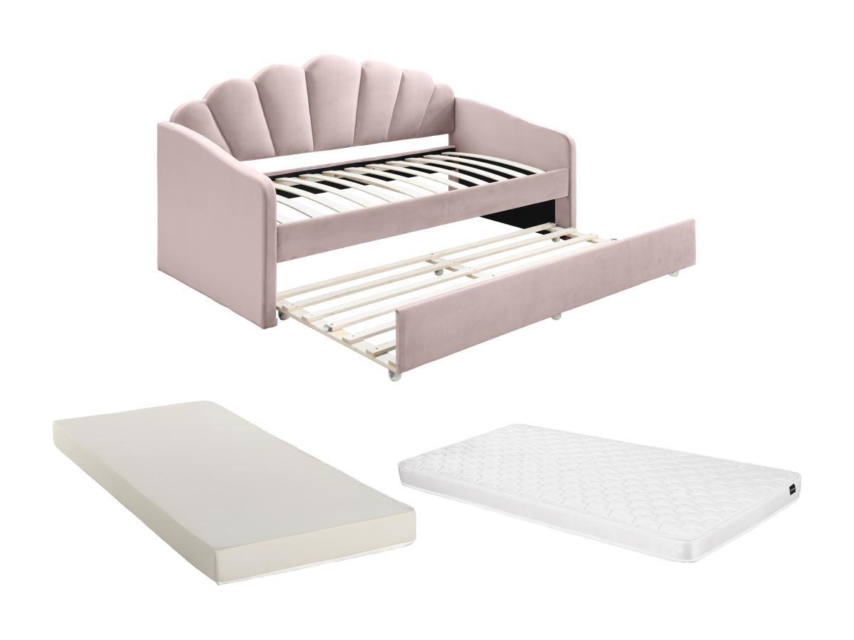 Vente-unique Lit gigogne coquillage 2 x 90 x 190 cm - Velours - Rose + Matelas - ELUSIA  