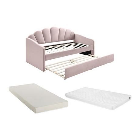 Vente-unique Lit gigogne coquillage 2 x 90 x 190 cm - Velours - Rose + Matelas - ELUSIA  