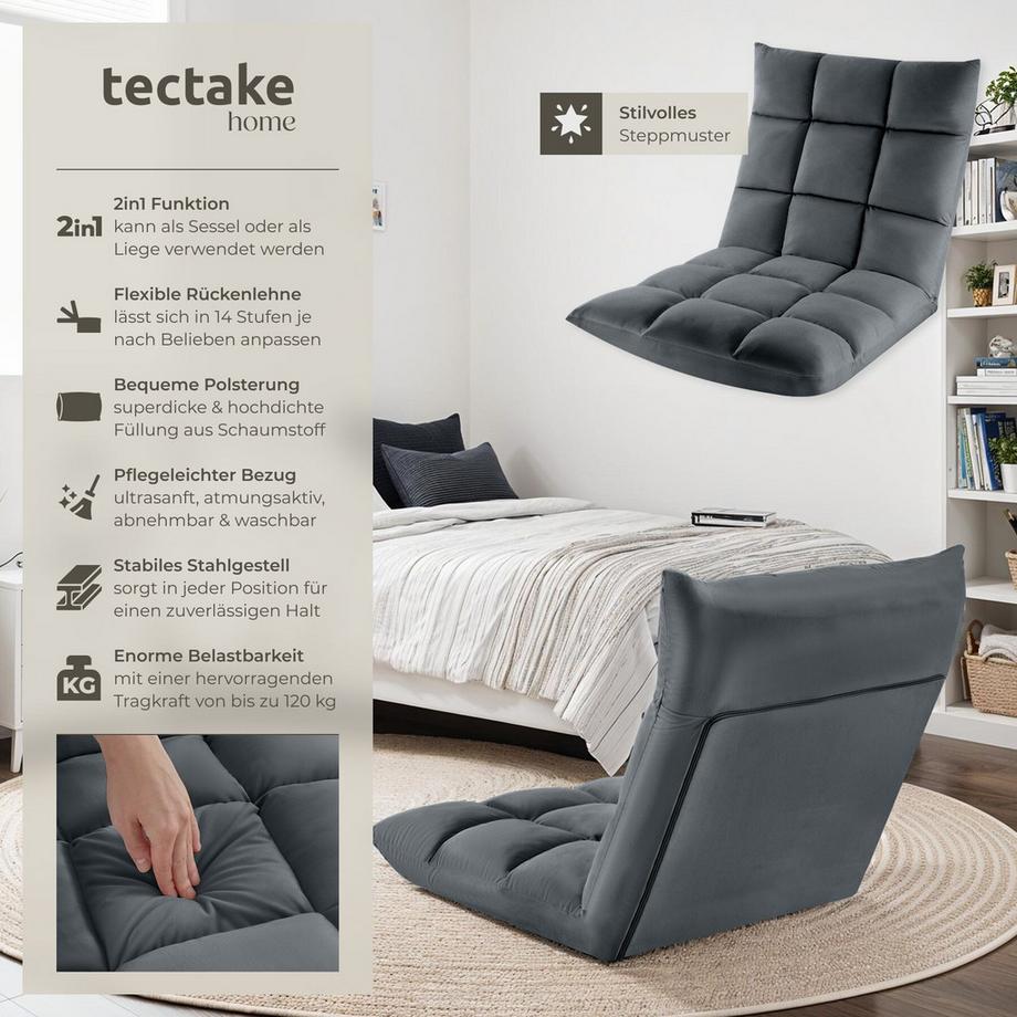 Tectake Fauteuil relax SNOOZE 2-en-1 comme fauteuil ou chaise longue, rembourré, avec revêtement en velours  