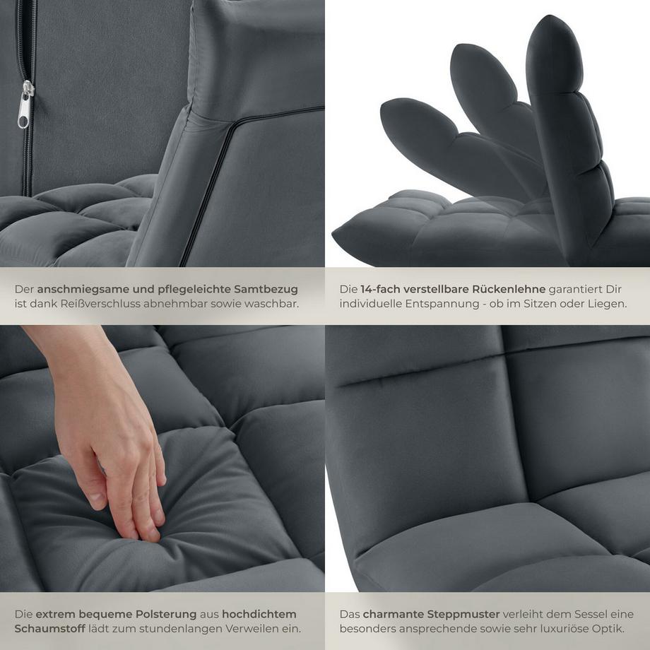 Tectake Fauteuil relax SNOOZE 2-en-1 comme fauteuil ou chaise longue, rembourré, avec revêtement en velours  