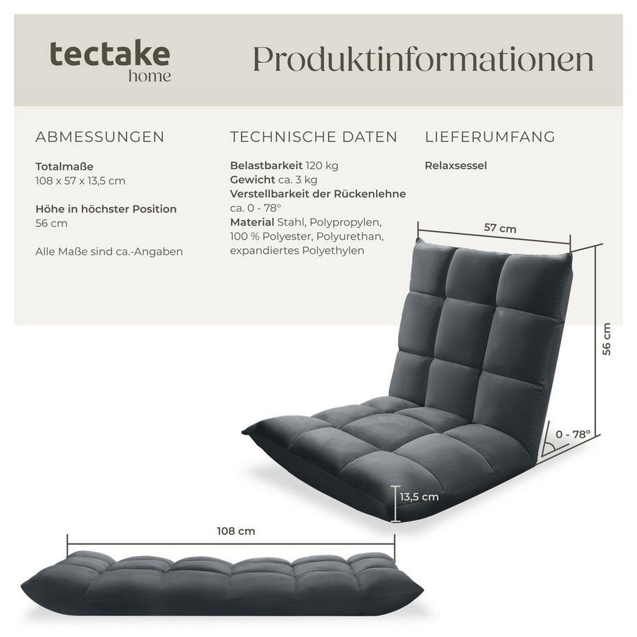 Tectake Fauteuil relax SNOOZE 2-en-1 comme fauteuil ou chaise longue, rembourré, avec revêtement en velours  