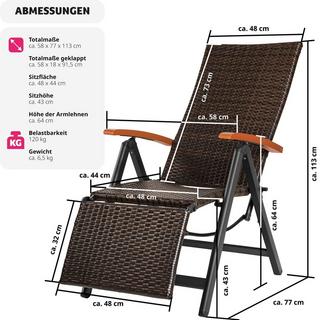 Tectake Sedia in rattan Brisbane pieghevole con telaio in alluminio e poggiapiedi  