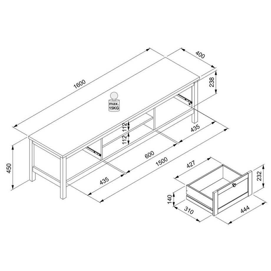 Calicosy TV-Möbel mit 2 Schubladen L160 cm - Dekor Weiß - Bergen  