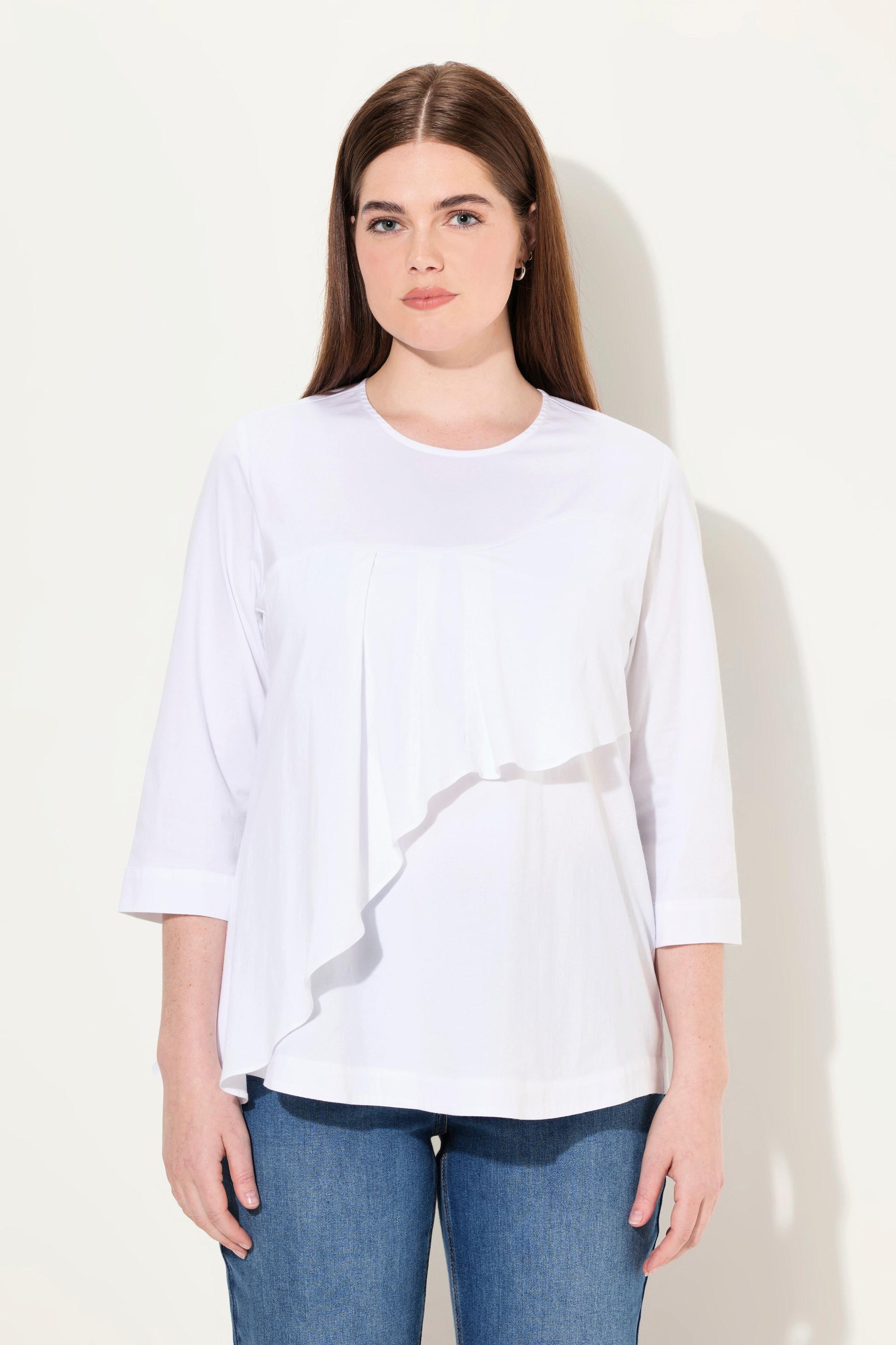 Ulla Popken  Bluse, Volant, A-Linie, Rundhals, 3/4-Arm, Biobaumwolle 