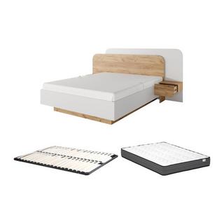 Vente-unique Bett mit Nachttischen + Lattenrost + Matratze - 160 x 200 cm - Mit LED-Beleuchtung - Holzfarben & Weiß - DESADO  