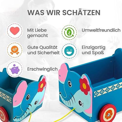 Activity-board  Spielzeugkiste aus Holz Elefant | 2-in-1-Zugwagen & Aufbewahrungsbox auf Rädern für Kinderzimmer / 