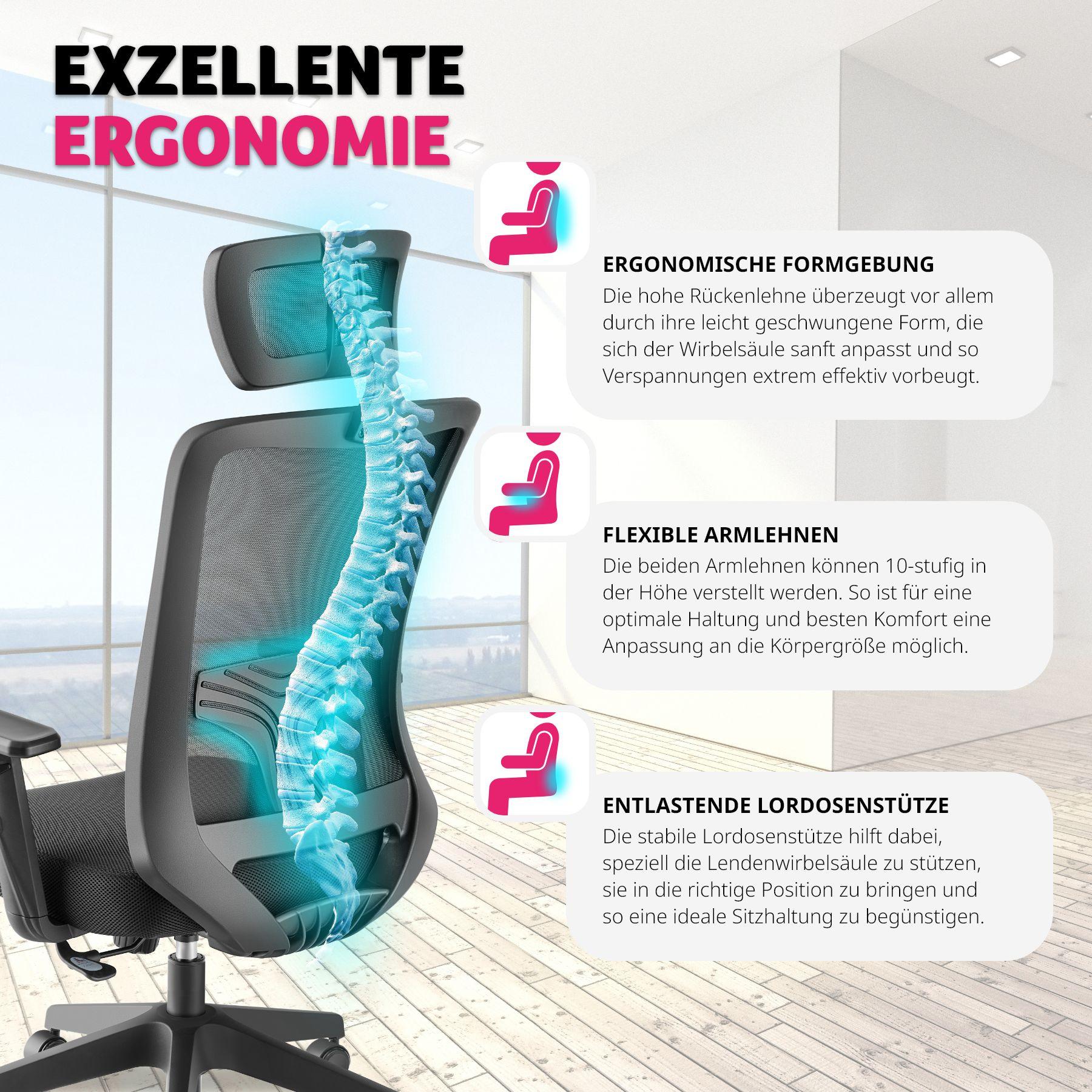 Tectake Sedia da ufficio Phoibe ergonomica con poggiatesta regolabile  