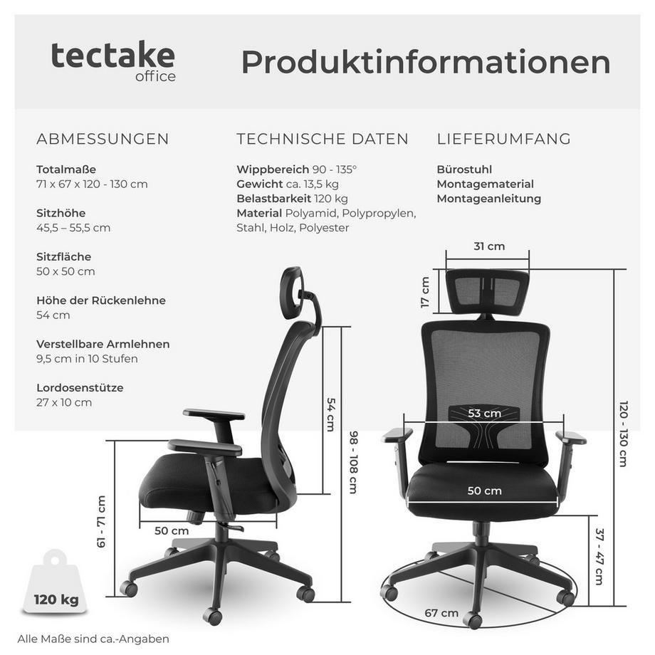 Tectake Bürostuhl Phoibe ergonomische Form mit Lordosenstütze und verstellbarer Kopfstütze dicke Polsterung  