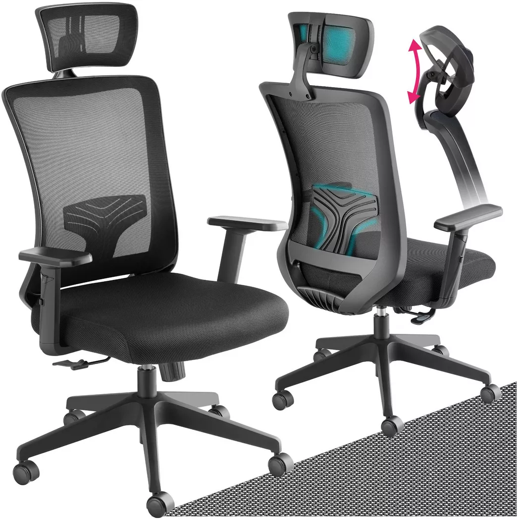 Tectake – Bürostuhl Phoibe ergonomisch mit verstellbarer Kopfstütze, One Size, Schwarz Tectake – Bürostuhl Phoibe ergonomisch mit verstellbarer Kopfstütze, One Size, Schwarz