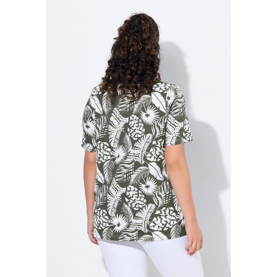 Ulla Popken Motif de plumes Coupe évasée Col V Manches courtes T-shirt  
