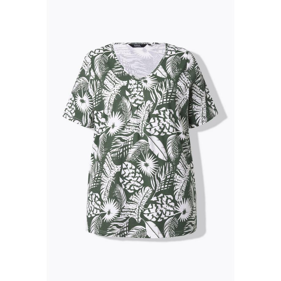 Ulla Popken Motif de plumes Coupe évasée Col V Manches courtes T-shirt  