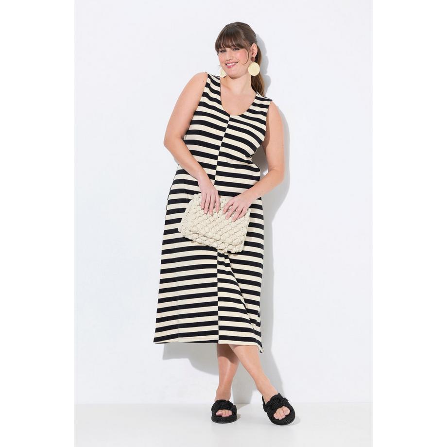 Ulla Popken Gestreiftes ärmelloses V-Ausschnitt Midikleid  