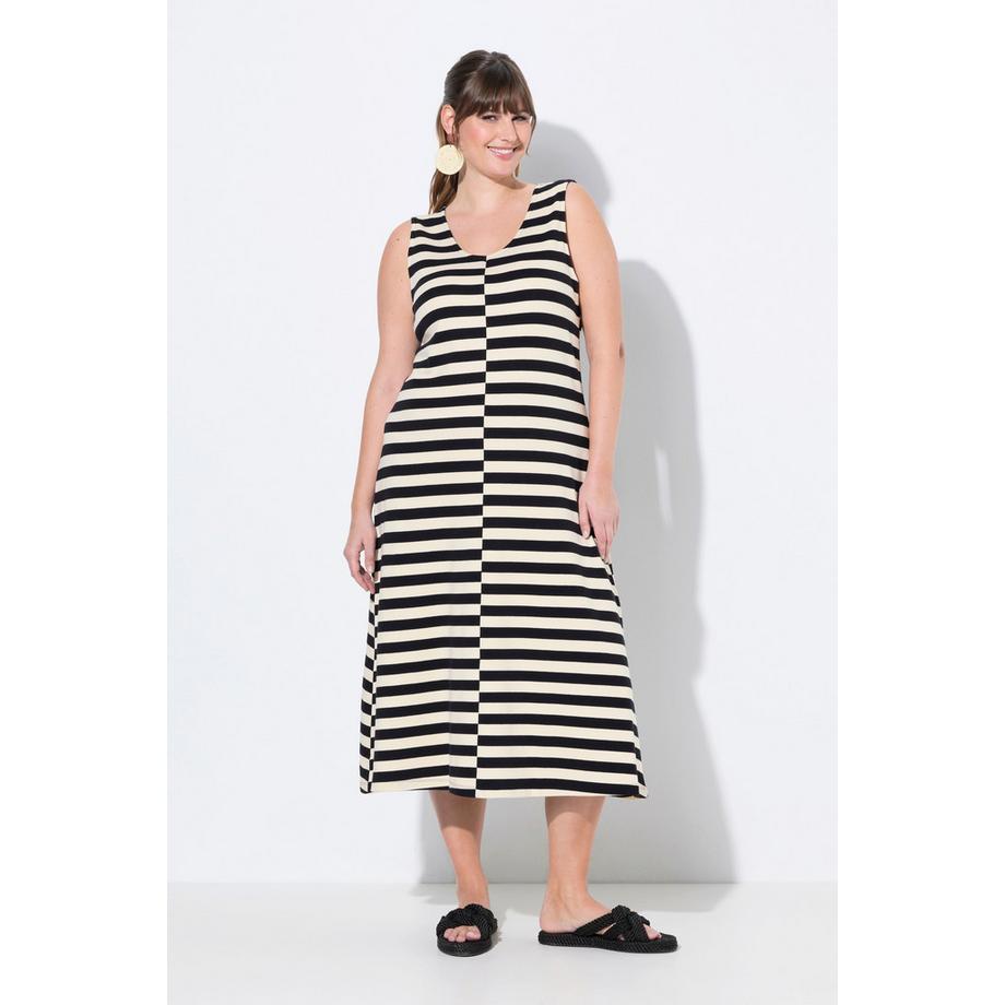 Ulla Popken Gestreiftes ärmelloses V-Ausschnitt Midikleid  