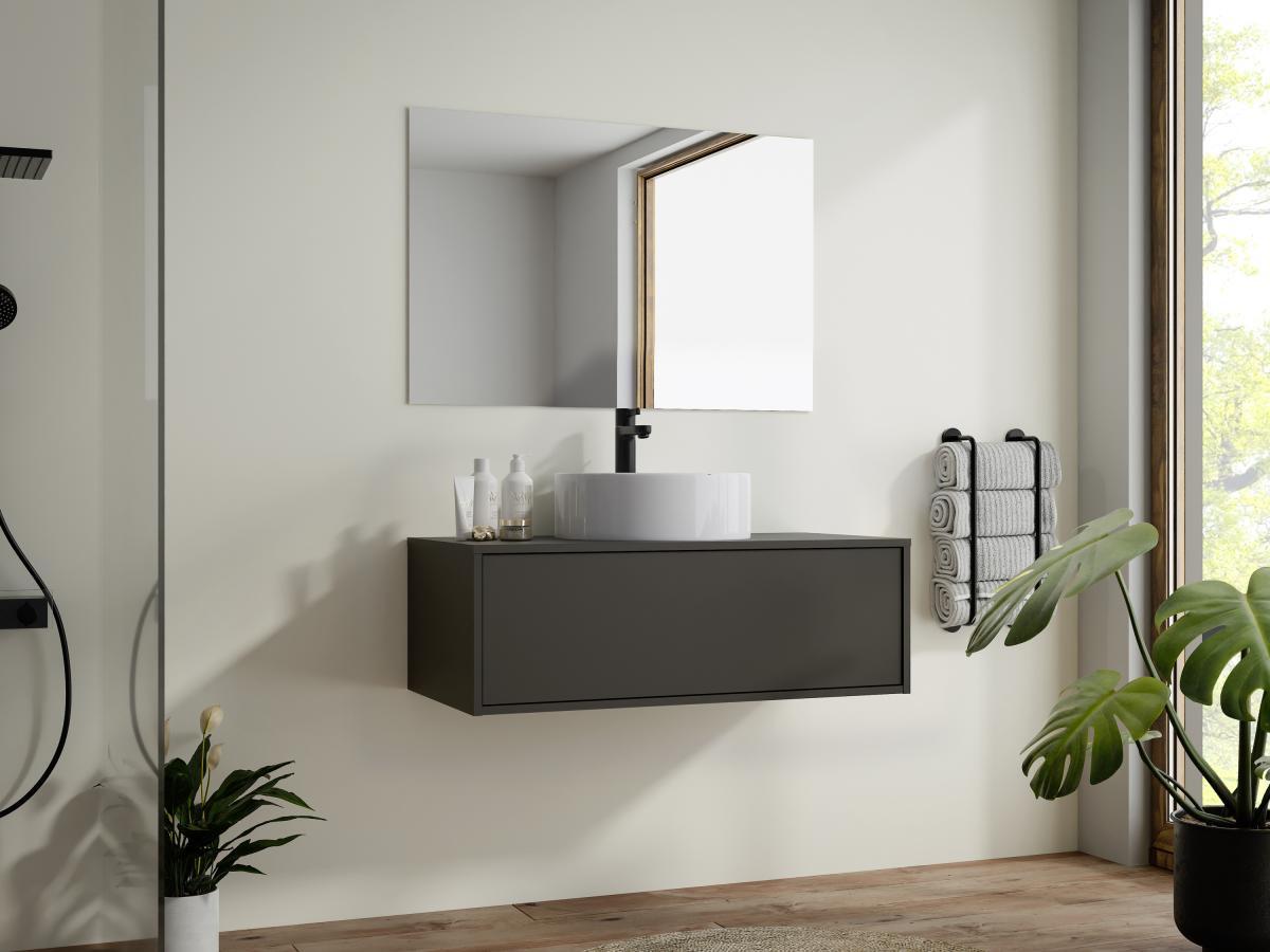 Vente-unique Meuble de salle de bain suspendu gris anthracite avec simple vasque ronde - 94 cm - TEANA II  