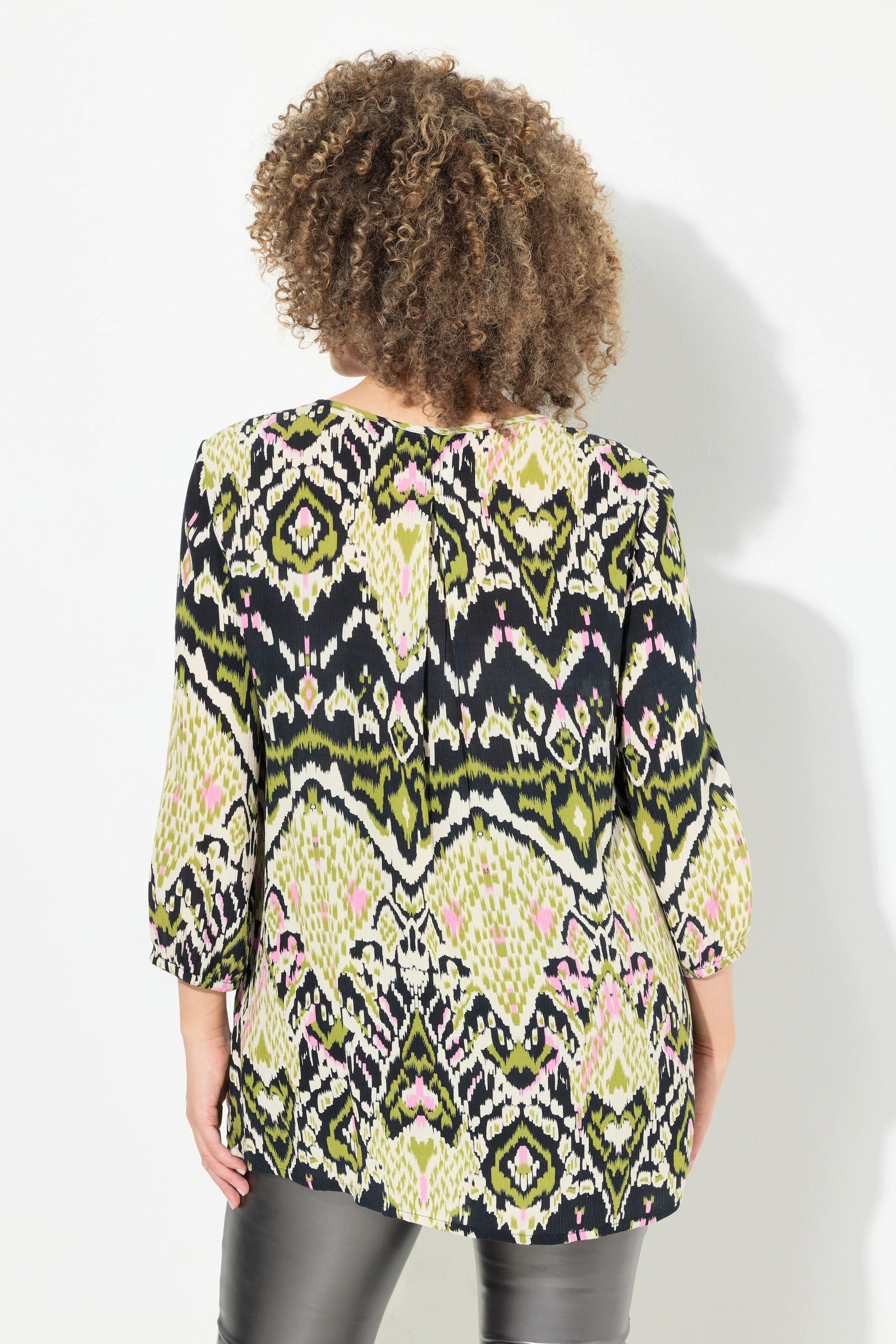 Ulla Popken Chemise Smockée Ligne A Col Rond Manches 3/4 Crêpe  