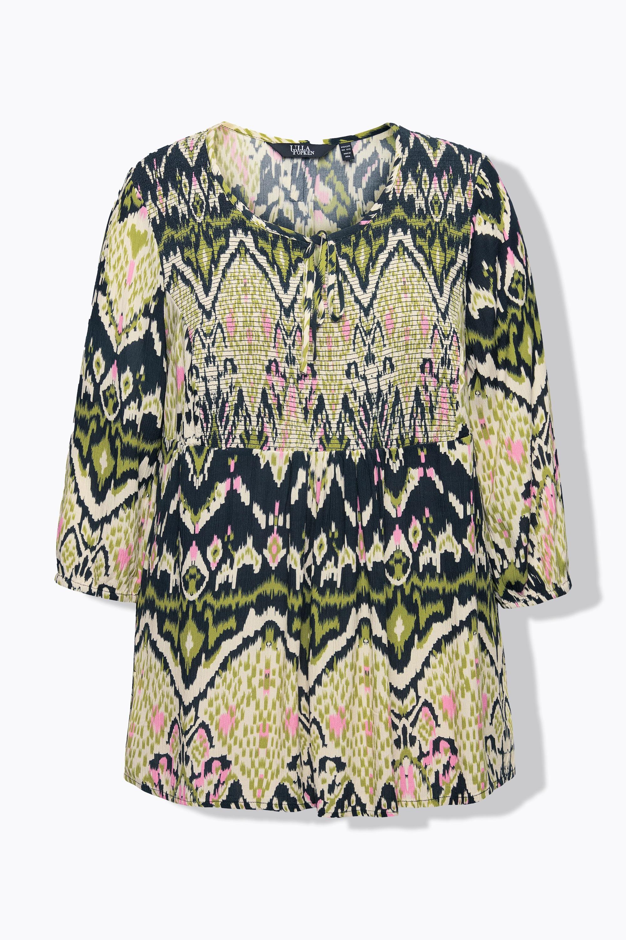 Ulla Popken Chemise Smockée Ligne A Col Rond Manches 3/4 Crêpe  