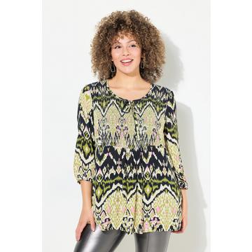 Blusa dal taglio svasato in crêpe con punto smock, scollo a girocollo e maniche a 3/4