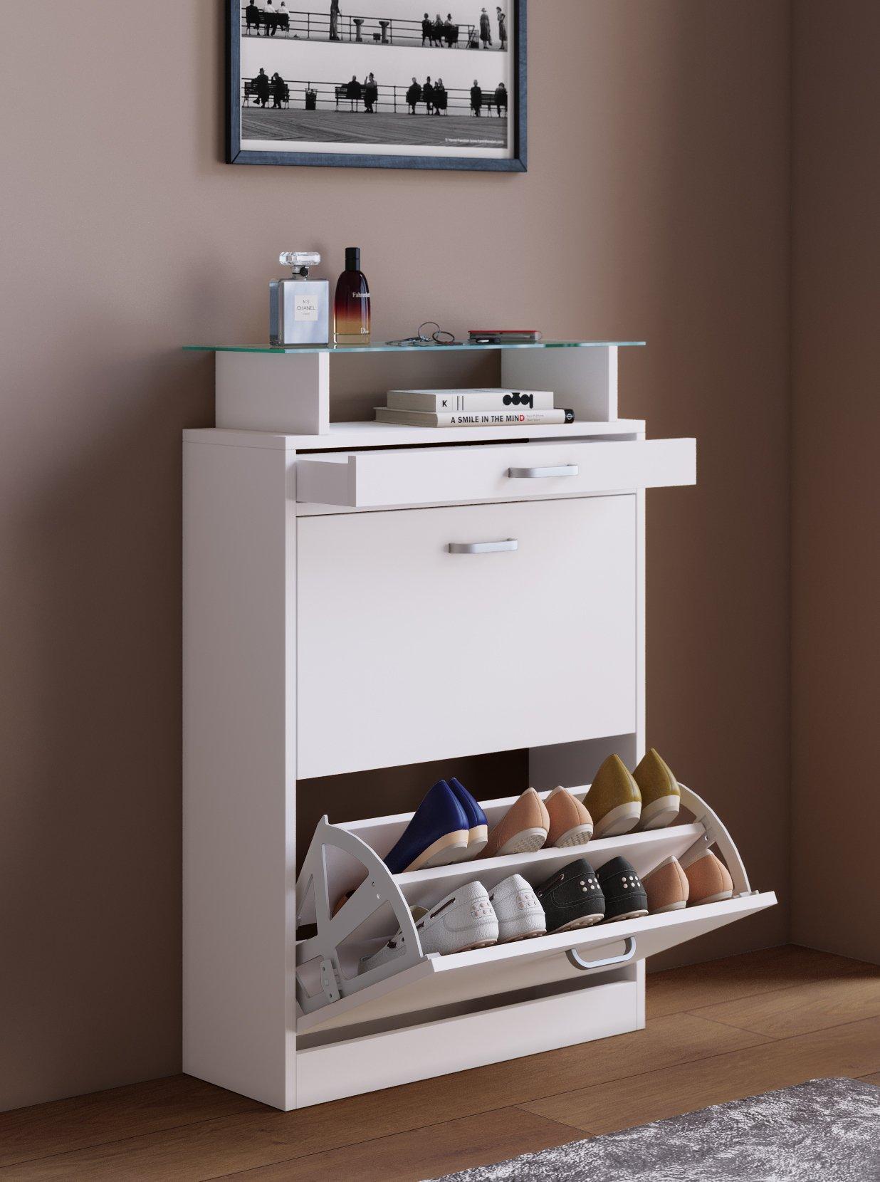 VCM Holz Schuhschrank | Maße: H. 91 x B. 59 x T. 22 cm | 2 Klappen | schmale Schublade | praktische Ablage - Sipos M  