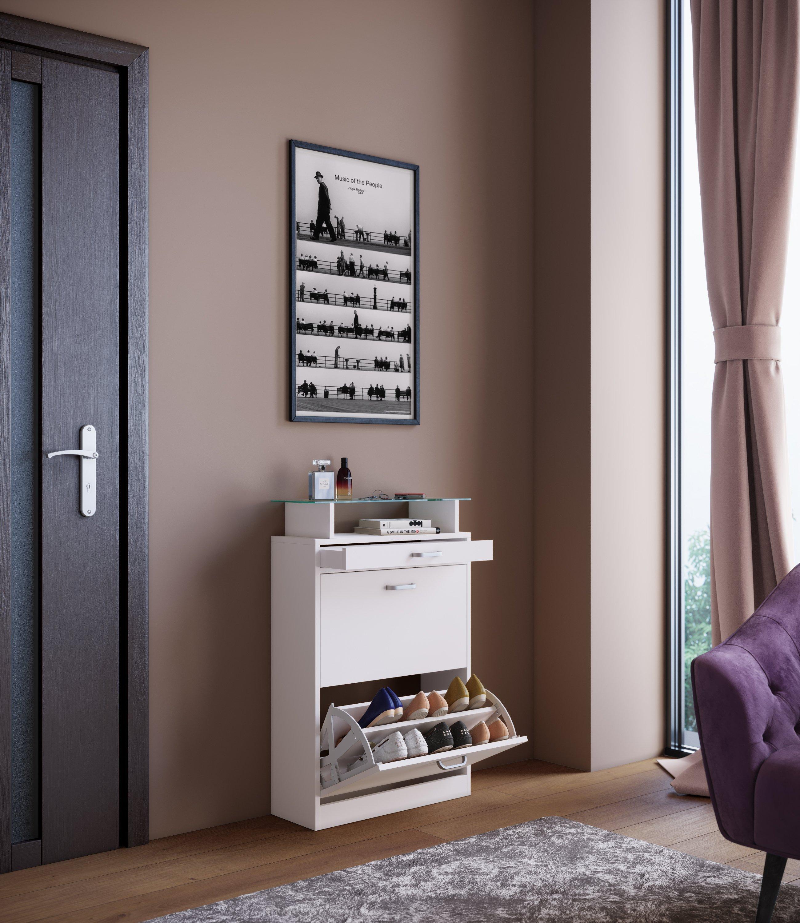 VCM Holz Schuhschrank | Maße: H. 91 x B. 59 x T. 22 cm | 2 Klappen | schmale Schublade | praktische Ablage - Sipos M  