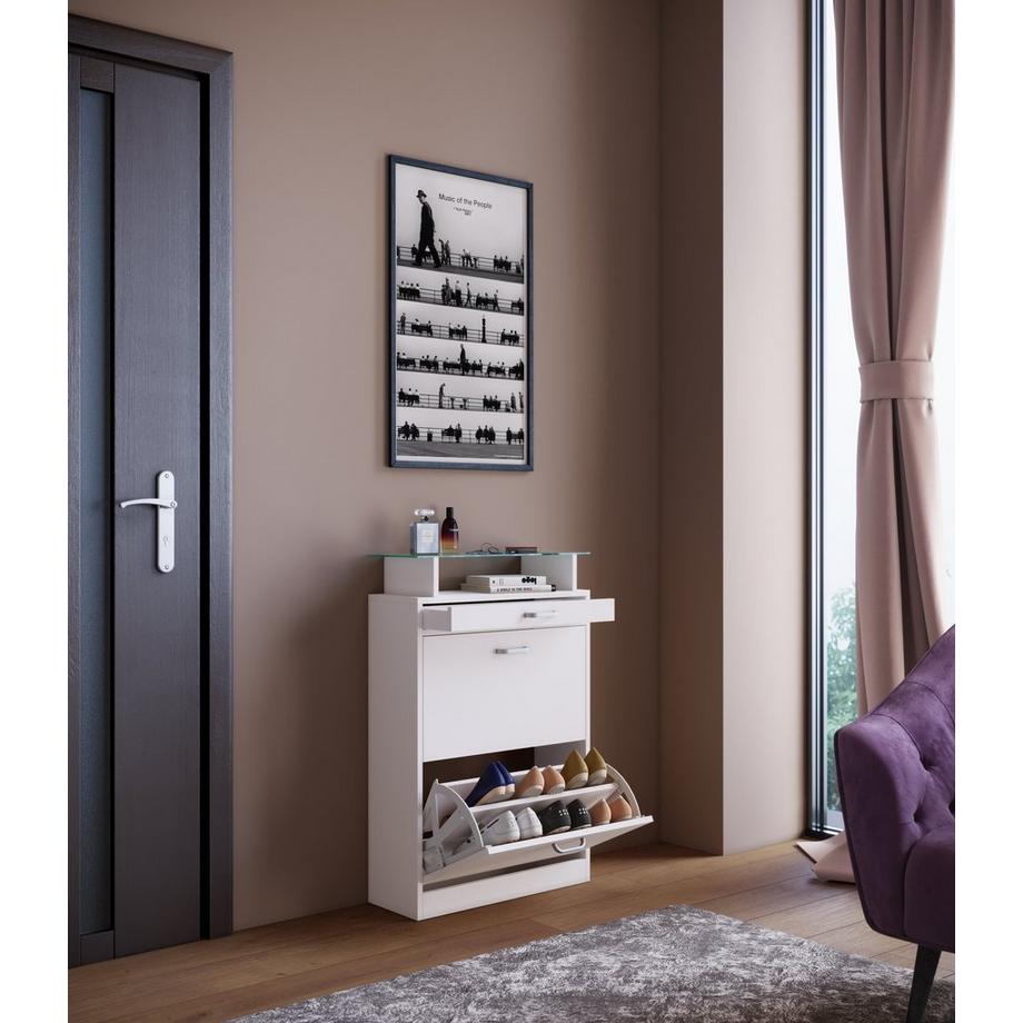 VCM Holz Schuhschrank | Maße: H. 91 x B. 59 x T. 22 cm | 2 Klappen | schmale Schublade | praktische Ablage - Sipos M  