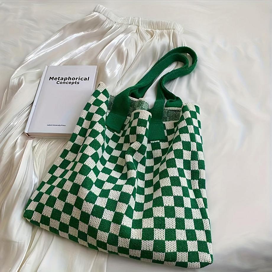 Sac à bandoulière en tricot à carreaux, sac fourre-tout tendance à motif plaqué, sac à main de grande capacité pour l'école, le travail, le voyage et les achats