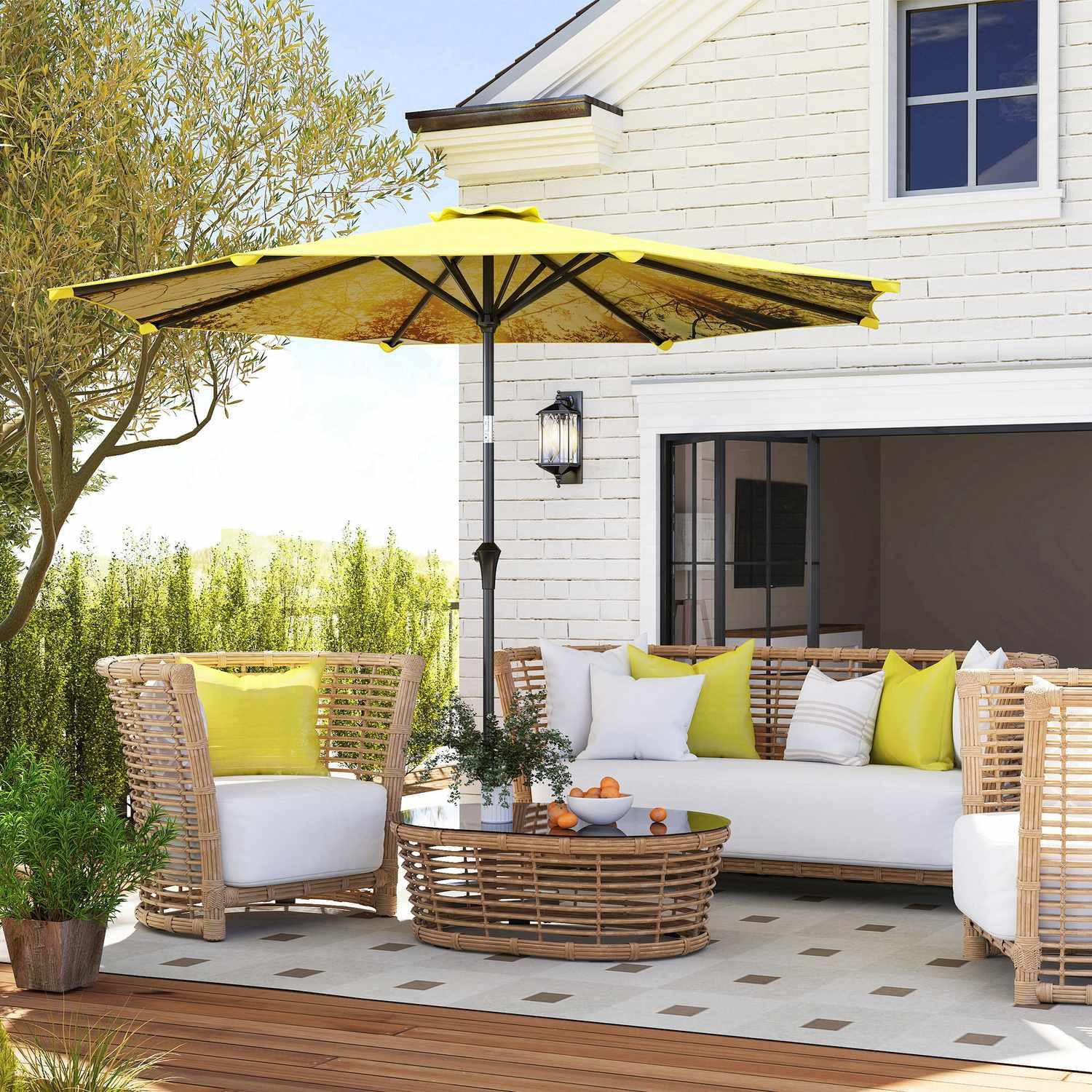 Northio Parasol Ø300 cm, parasol avec manivelle, motif ?parasol de balcon octogonal, parasol de plage, coupe-vent, parasol de marché stable, parasol à manivelle, protection solaire pour plage, balcon, terrasse, jardin, jaune  