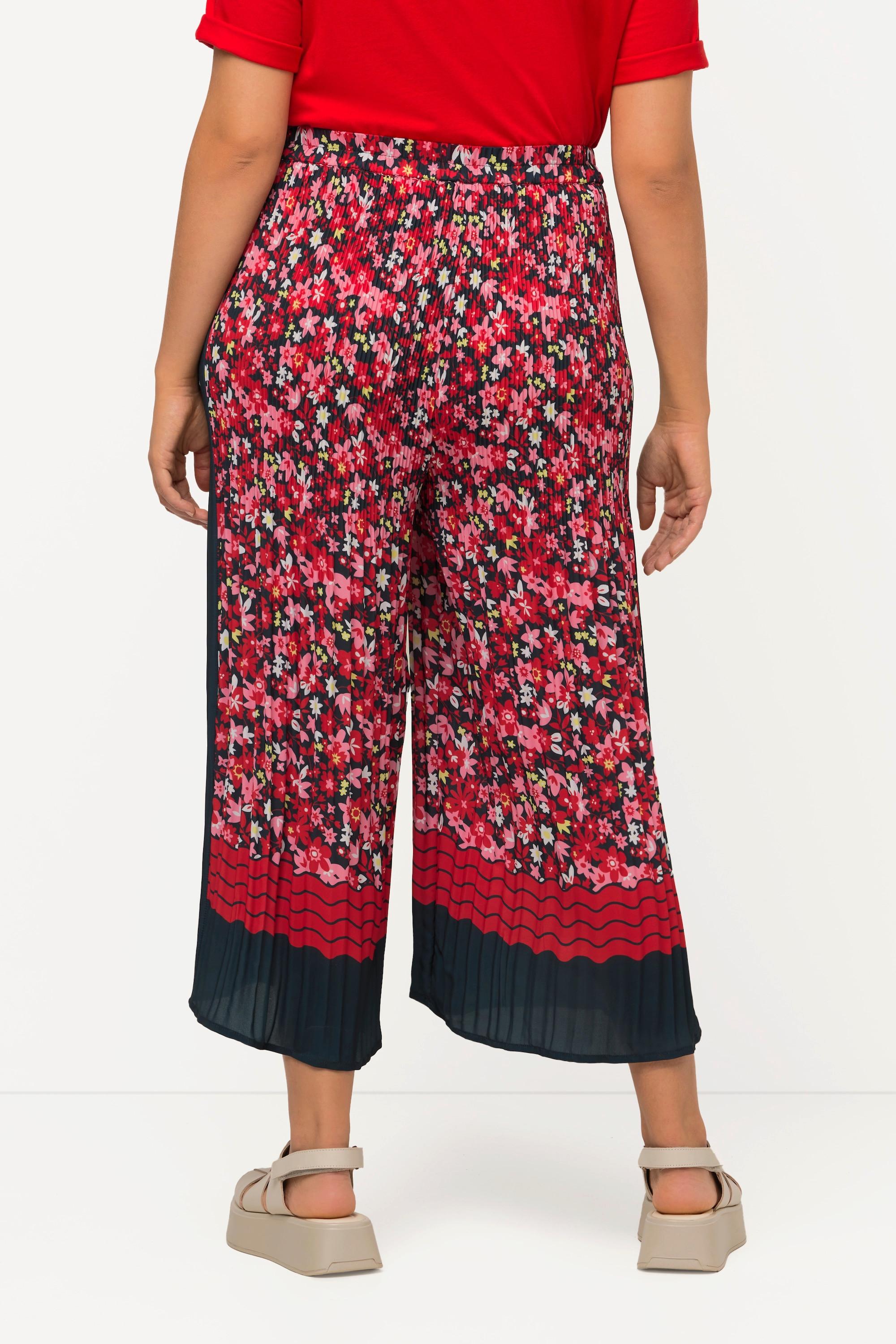 Ulla Popken  Pantaloni plissé a 7/8 modello Mary con fiori, gamba ampia e cintura elastica 