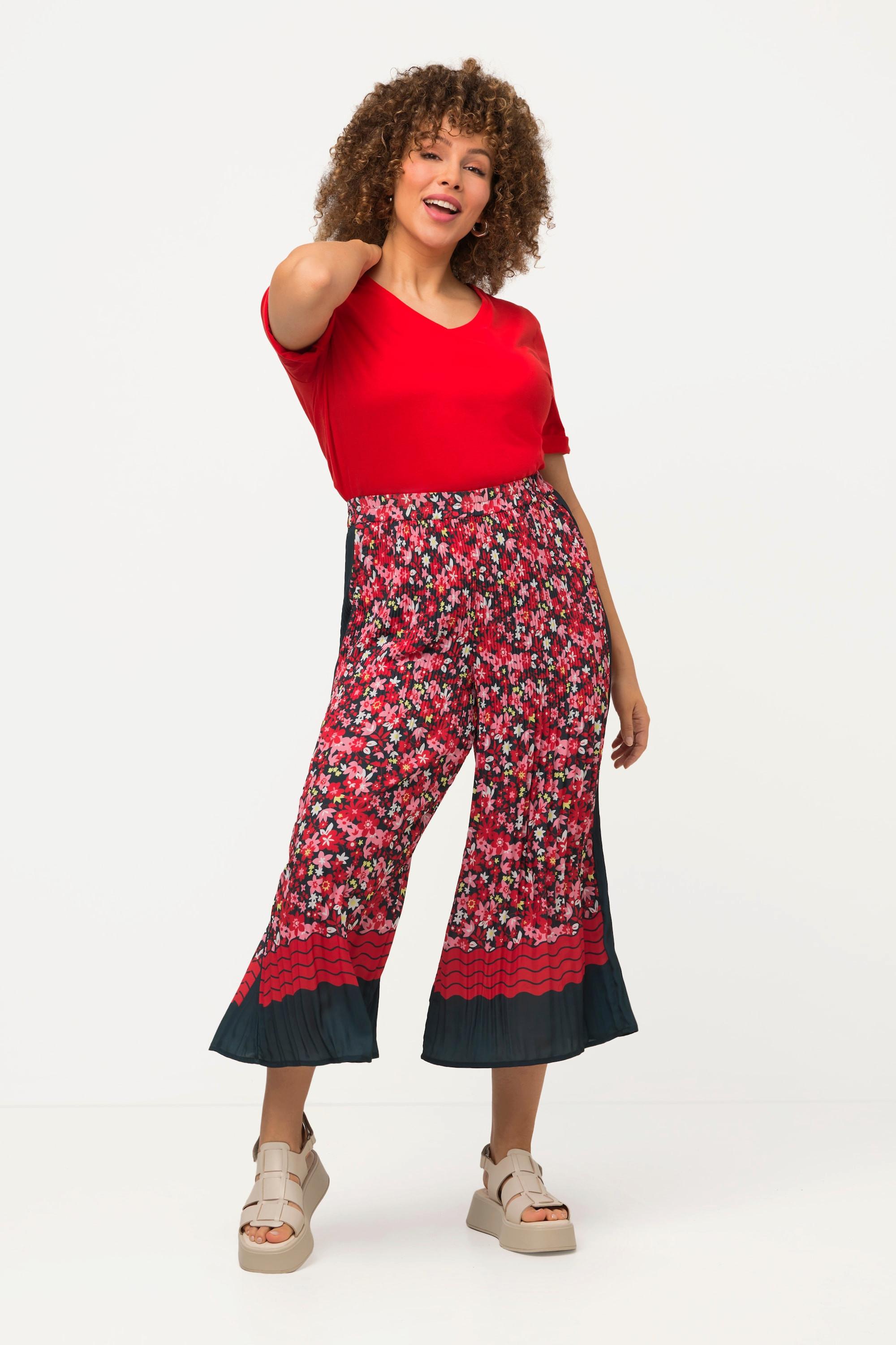 Ulla Popken  Pantaloni plissé a 7/8 modello Mary con fiori, gamba ampia e cintura elastica 